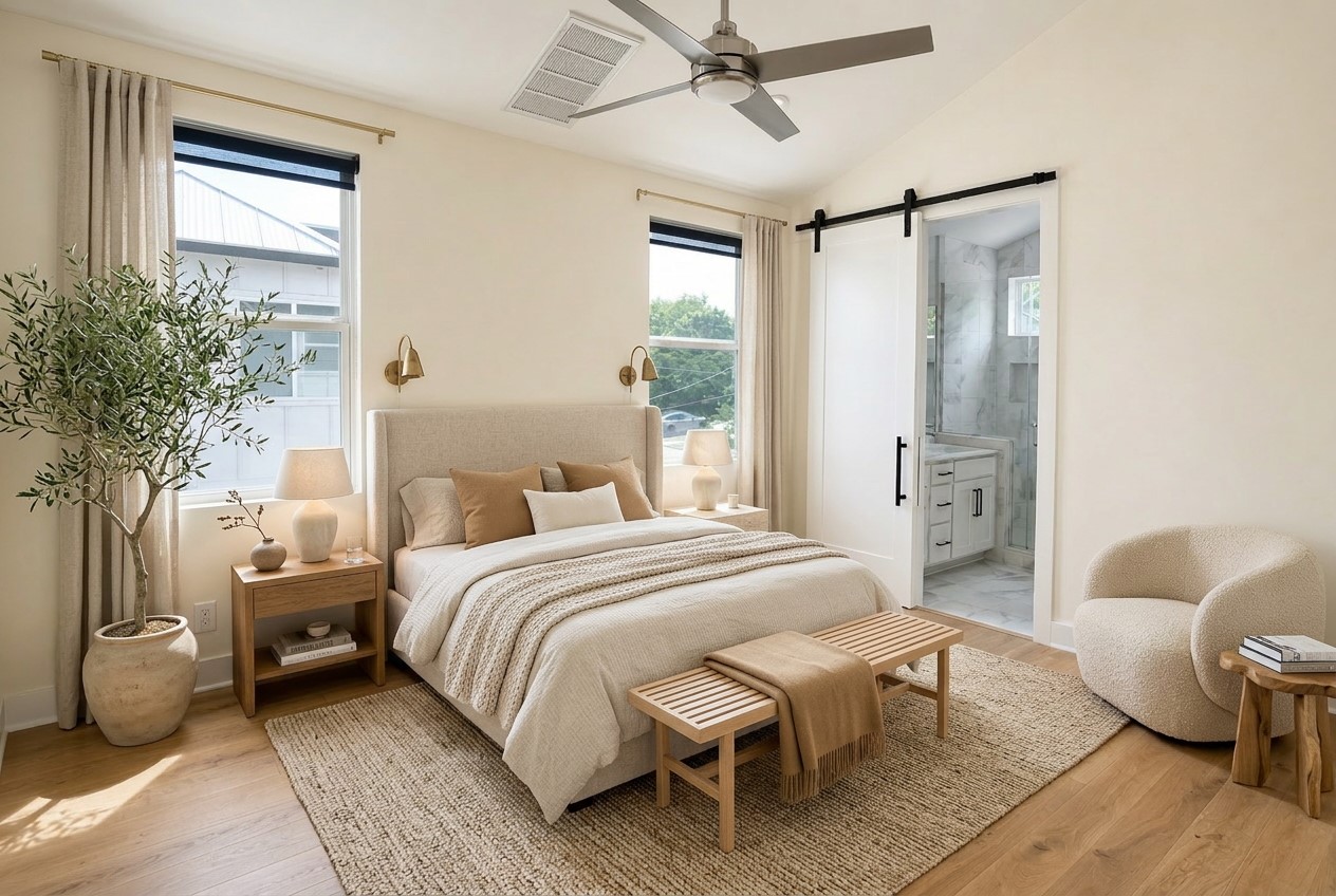 1123 Omega Avenue, Unit 1 Austin, TX 78721 - Photo 4 of 40 Vaulted ceiling with a ceiling fan, wood-finish flooring, two large windows, two wall sconces, and a barn door entry to a bathroom. Virtually Staged.