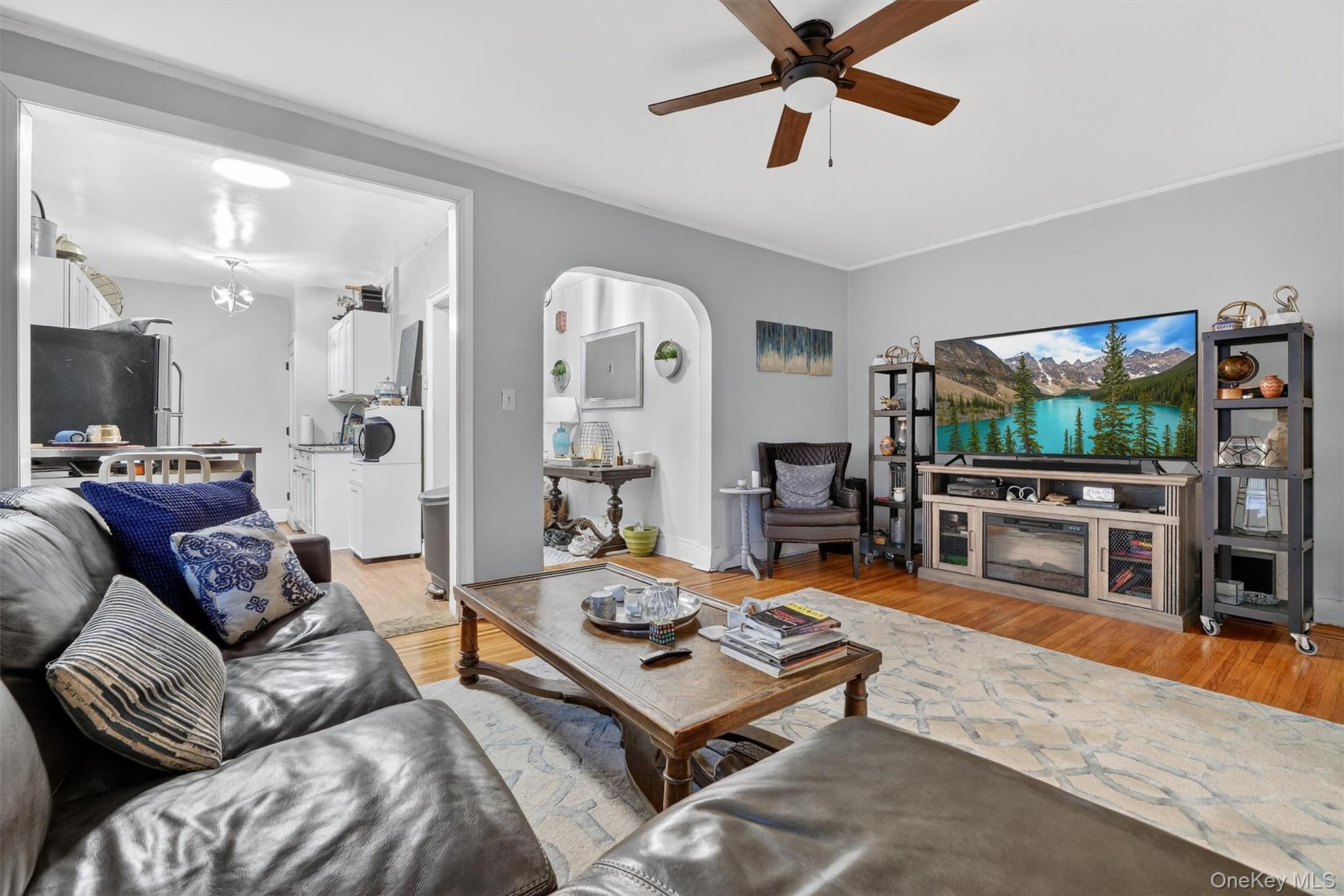 475 Bronx River Road, Unit 2D Yonkers, NY 10704 - Photo 9 of 27 Living area featuring arched walkways, light wood-style floors, and a ceiling fan