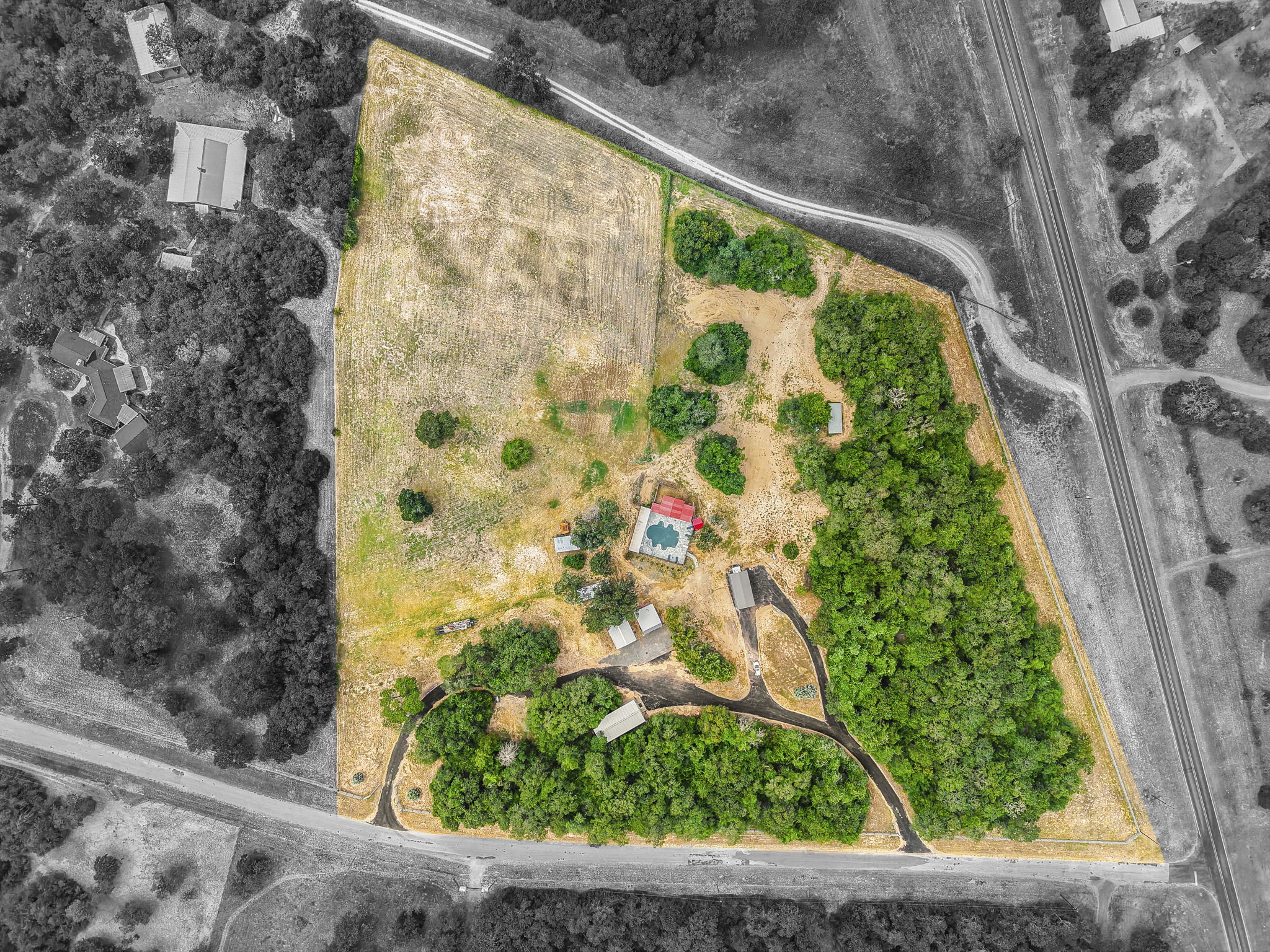206 22 Hills Road Gause, TX 77857 - Photo 22 of 28 An aerial perspective reveals the expansive boundary of this secluded country acreage.