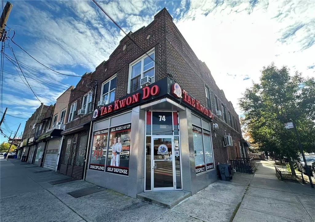 a view of a large building with large windows