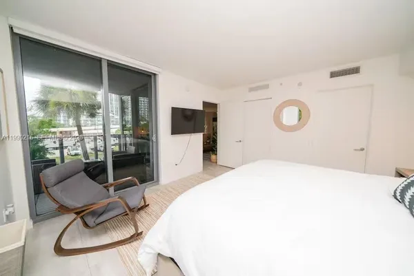 a bedroom with a bed and a painting on the wall