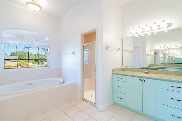 a bathroom with a tub a sink and a large mirror