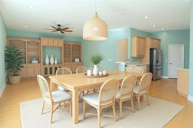 a view of a dining room with furniture