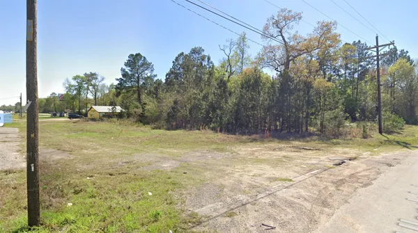 a view of a yard with trees in the background