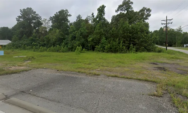a view of a field with trees in background