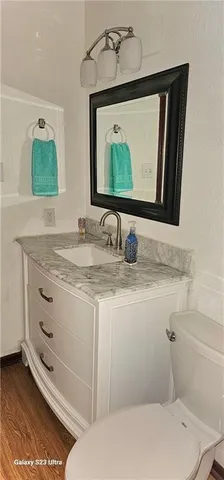 a bathroom with a sink toilet and mirror