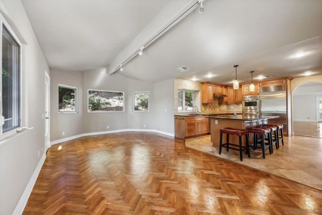 a view of a dining room with furniture