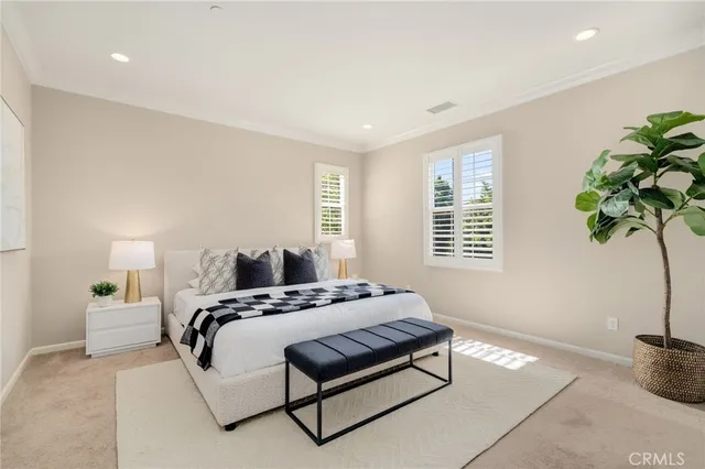 a bedroom with a bed a couch and a potted plant