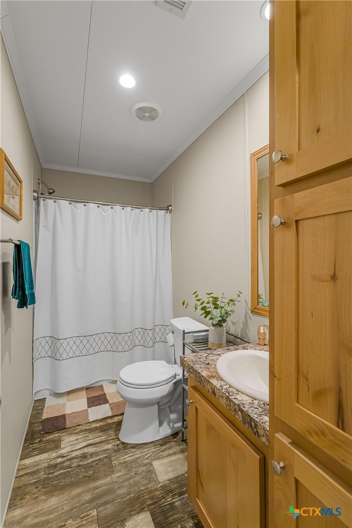 2610 Wendel Road Meyersville, TX 77974 - Photo 15 of 29 a bathroom with a granite countertop sink a toilet a mirror and shower