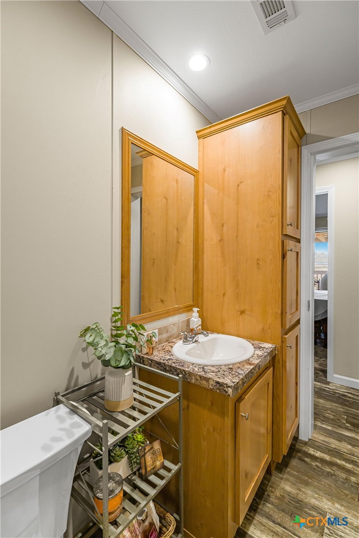 2610 Wendel Road Meyersville, TX 77974 - Photo 16 of 29 a bathroom with a granite countertop sink and a mirror