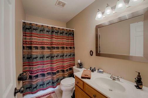 455 Apache Trail Jefferson, CO 80456 - Photo 20 of 34 a bathroom with a sink a toilet and shower curtain