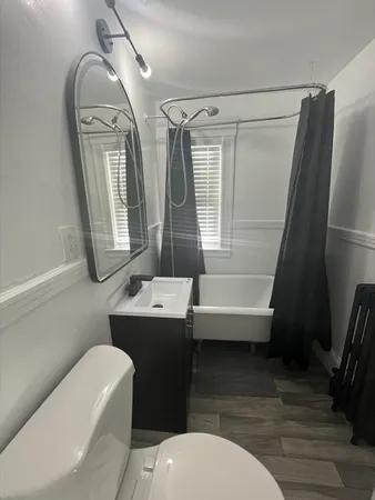 a bathroom with a toilet sink and mirror