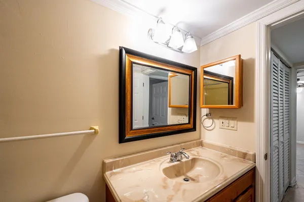 a bathroom with a sink a mirror and a toilet