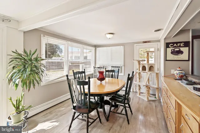 a view of a dining room with furniture window and wooden floor