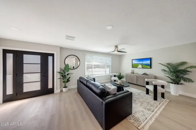 a living room with furniture window and a potted plant