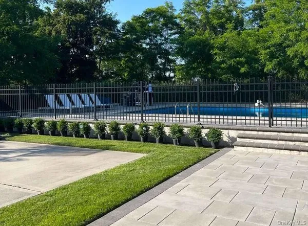 a view of a garden with a slide