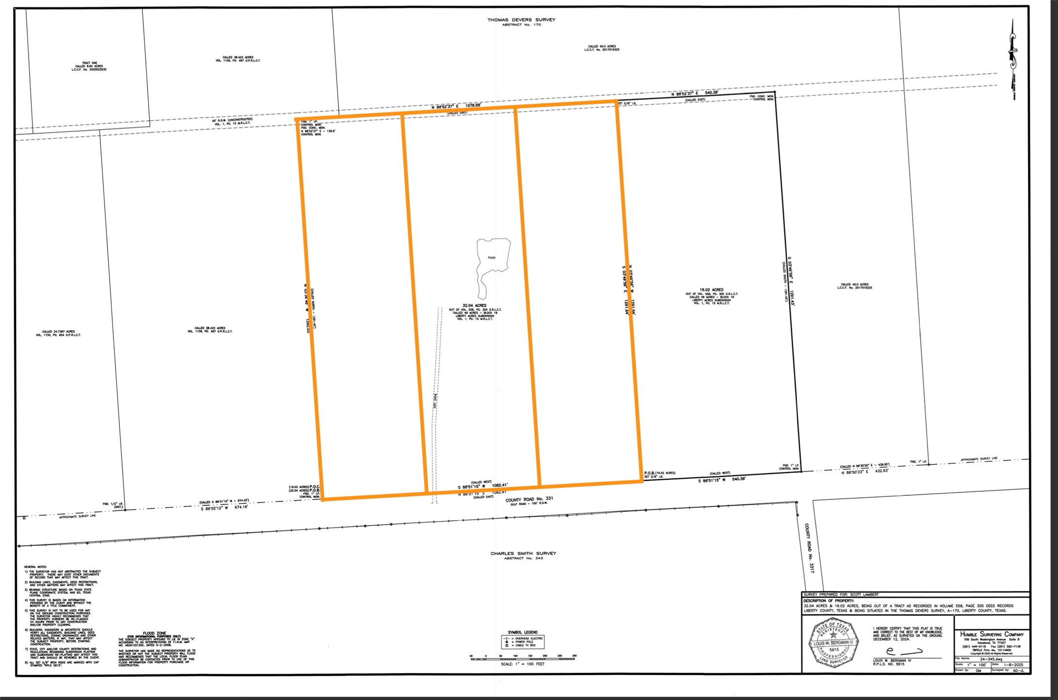 0 County Road 331 Cleveland, TX 77327 - Photo 3 of 5 This survey markup is intended to approximate the proposed 10.67 acre lots. A new survey will be required for each partition. New official survey will determine and govern boundaries.