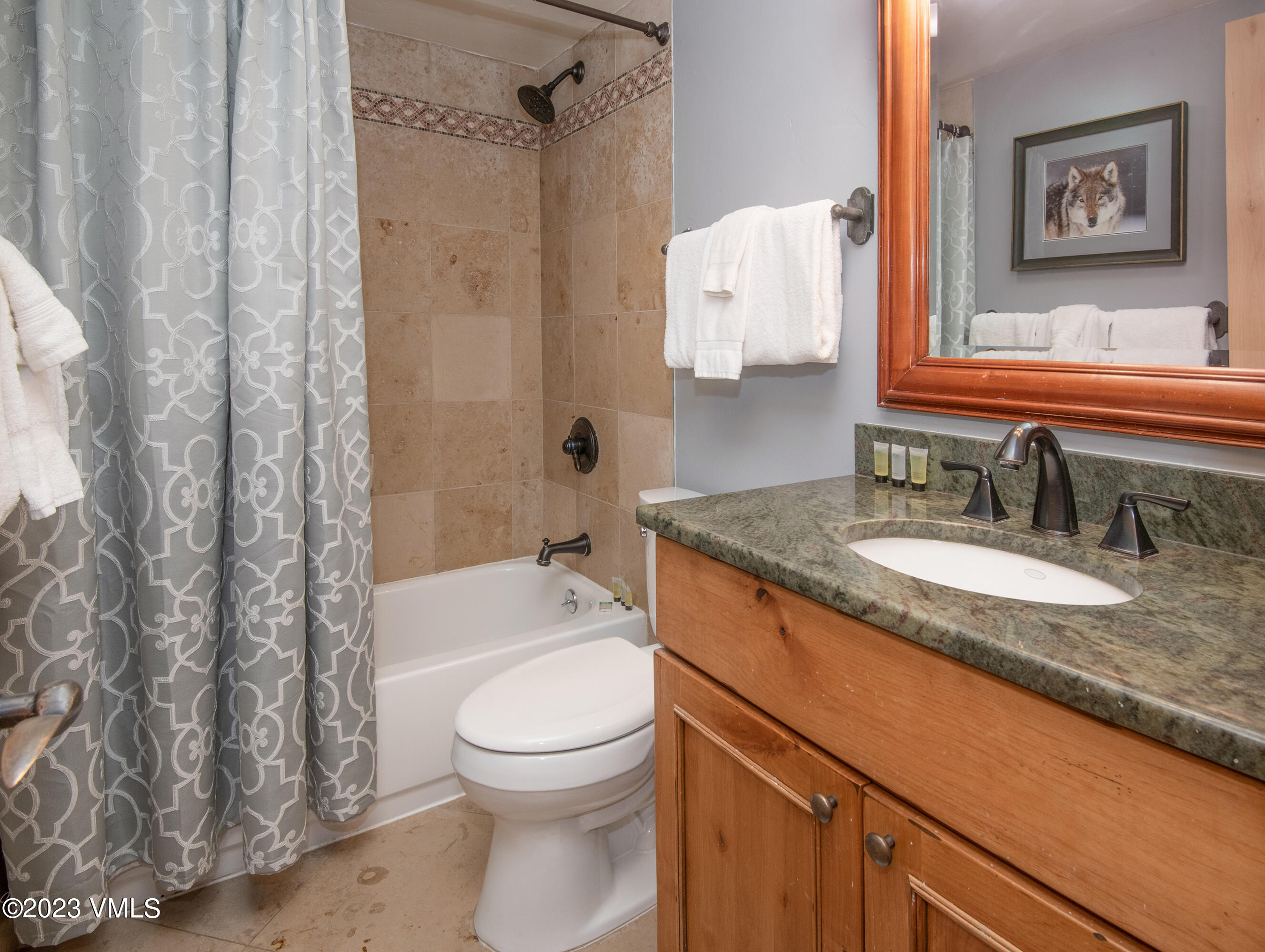 442 South Frontage Road East, Unit 103B Vail, CO 81657 - Photo 20 of 32 a bathroom with a granite countertop sink toilet and shower