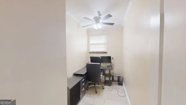 a view of workspace with wooden floor