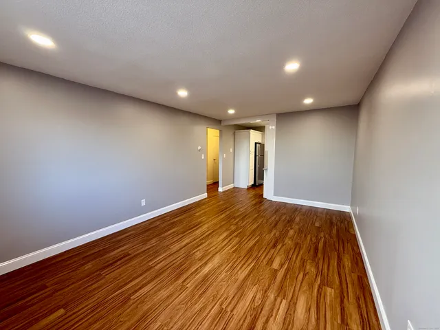 a view of empty room with wooden floor