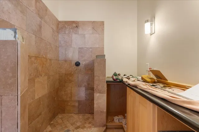 a bathroom with a granite countertop sink a shower and a mirror