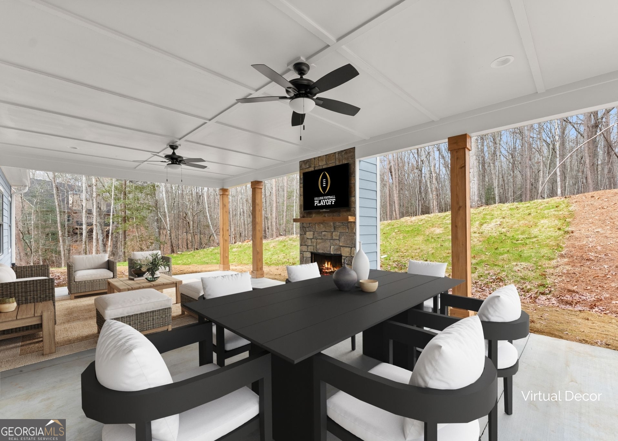 206 Shoals Way Clarkesville, GA 30523 - Photo 23 of 34 a view of a dining room with furniture large windows and wooden floor