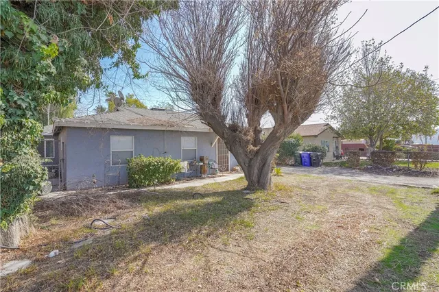 a view of a house with a yard and large tree