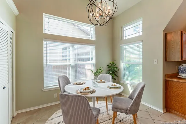 a view of a dining room with furniture window and outside view