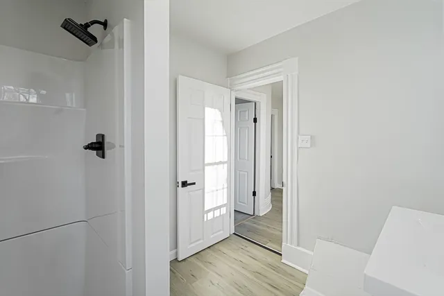 a view of a bathroom with a shower