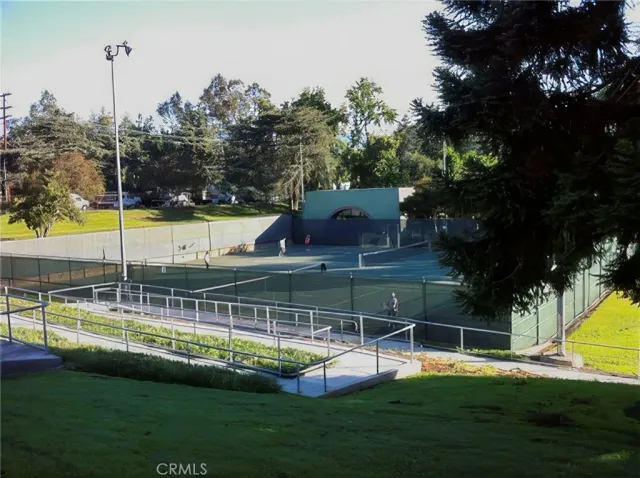 a view of a swimming pool with a yard and palm trees