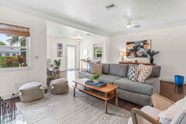 a living room with furniture and a potted plant