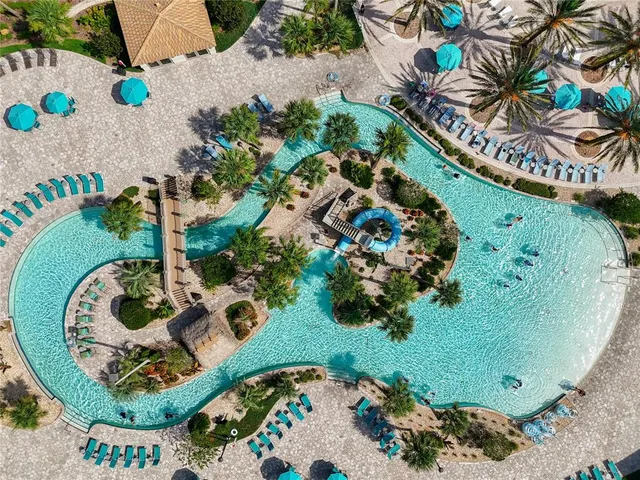 an aerial view of a swimming pool