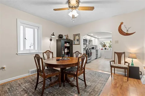 a view of a dining room with furniture