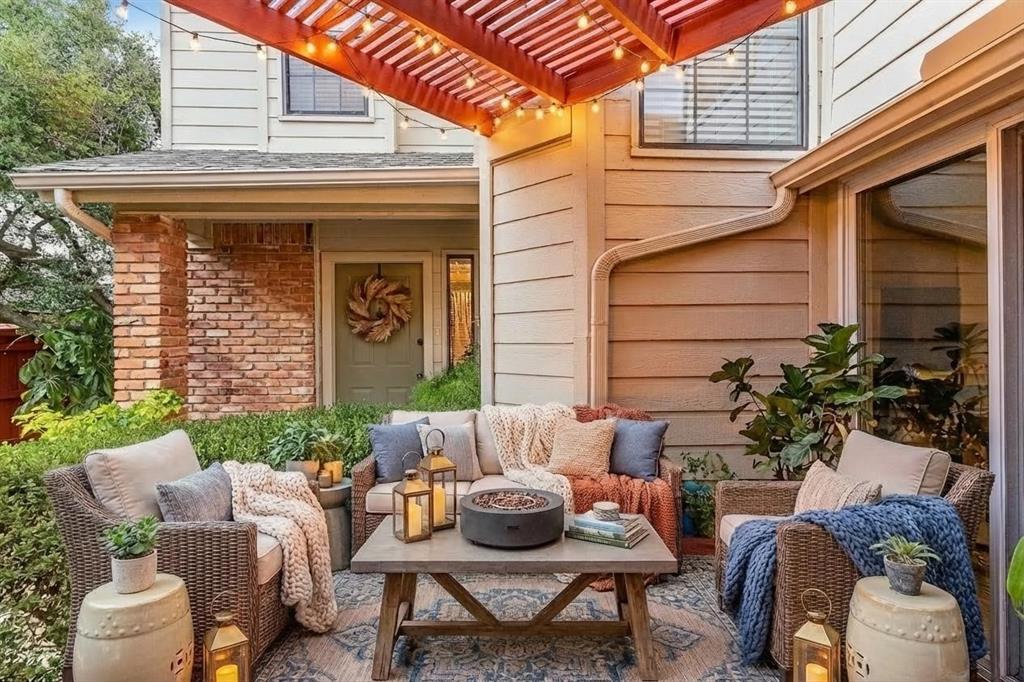 14683 Plage Lane Addison, TX 75001 - Photo 26 of 39 Virtual stagged patio featuring an outdoor hangout area and a pergola