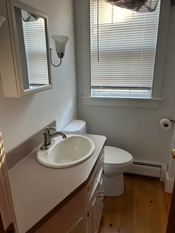 a bathroom with a sink a toilet and mirror