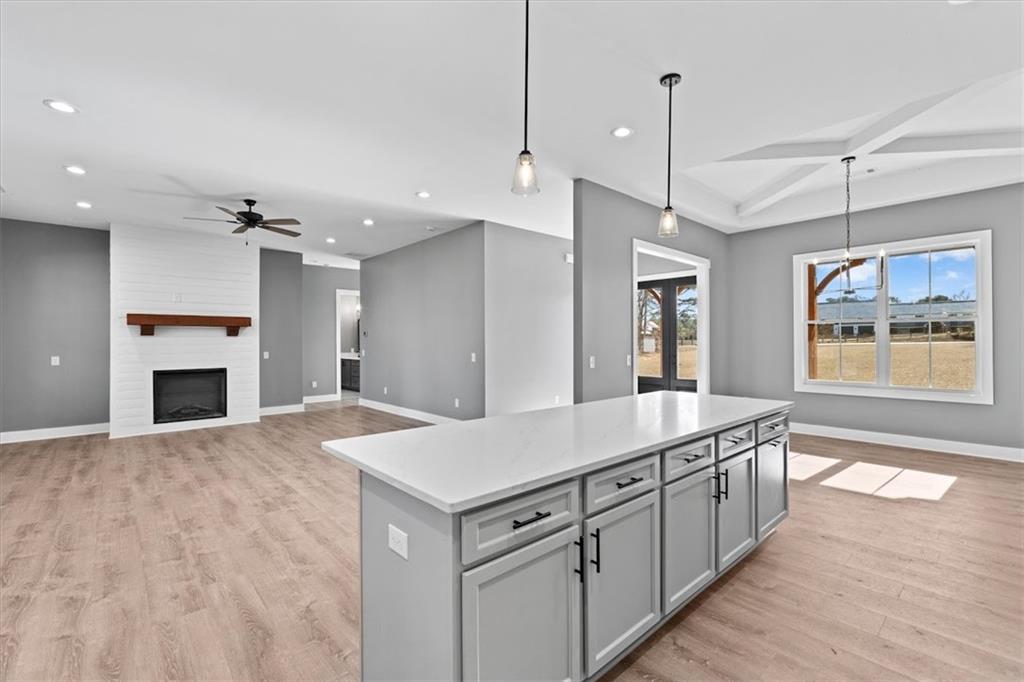 1374 Morgan Road Bremen, GA 30110 - Photo 17 of 50 a large kitchen with kitchen island a stove a sink dishwasher and a fireplace with wooden floor
