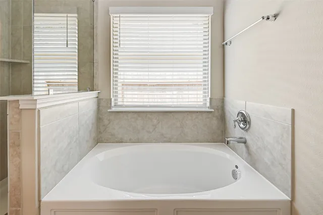 a bathroom with a bathtub and a shower