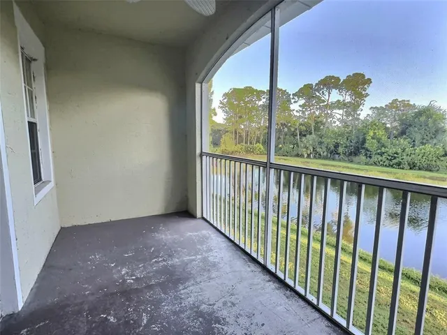 a view of a porch with a mountain view