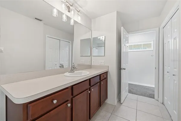 a bathroom with a sink vanity and a mirror