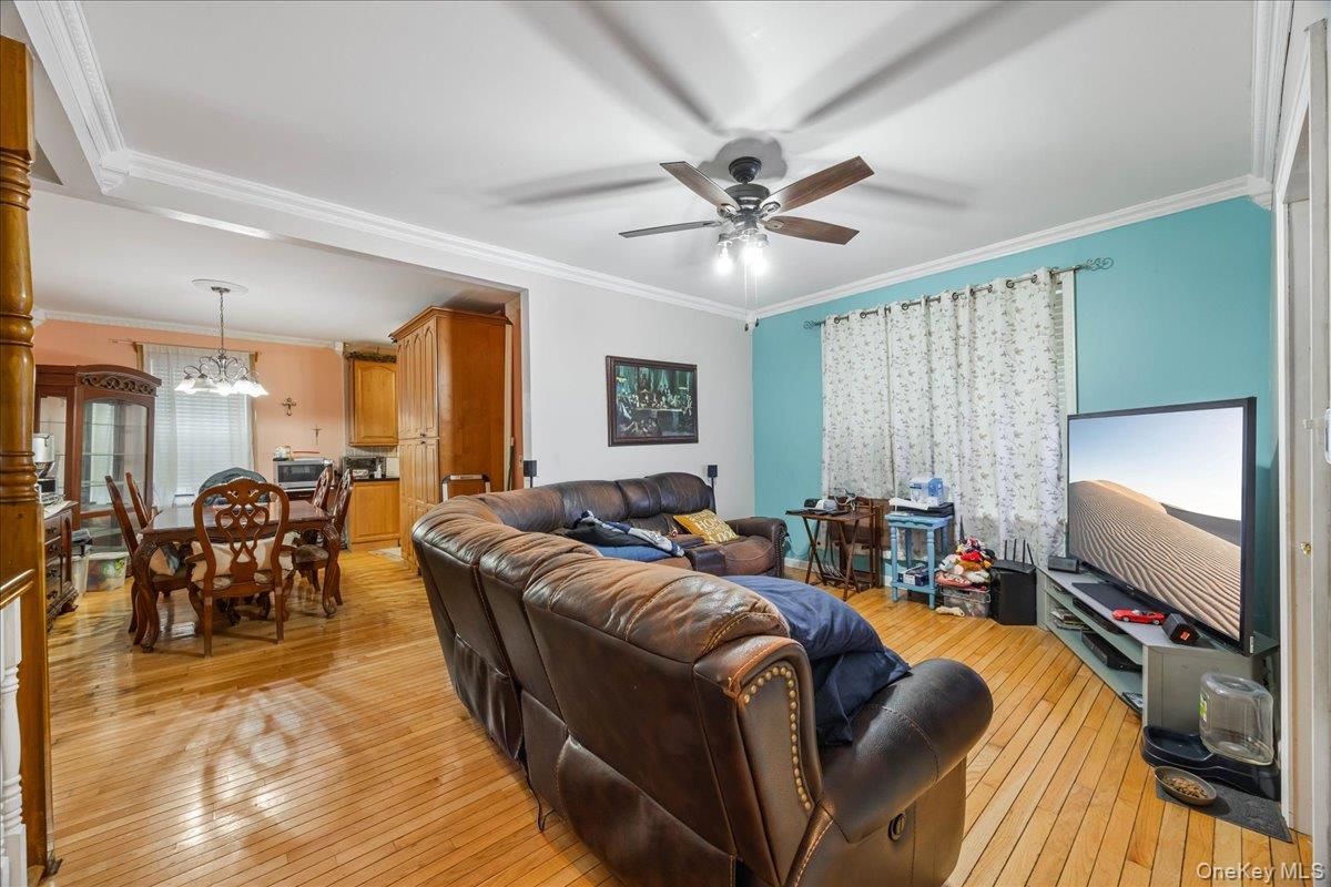 2953 Harding Avenue Bronx, NY 10465 - Photo 3 of 29 Living area with ornamental molding, a chandelier, light wood finished floors, and a ceiling fan