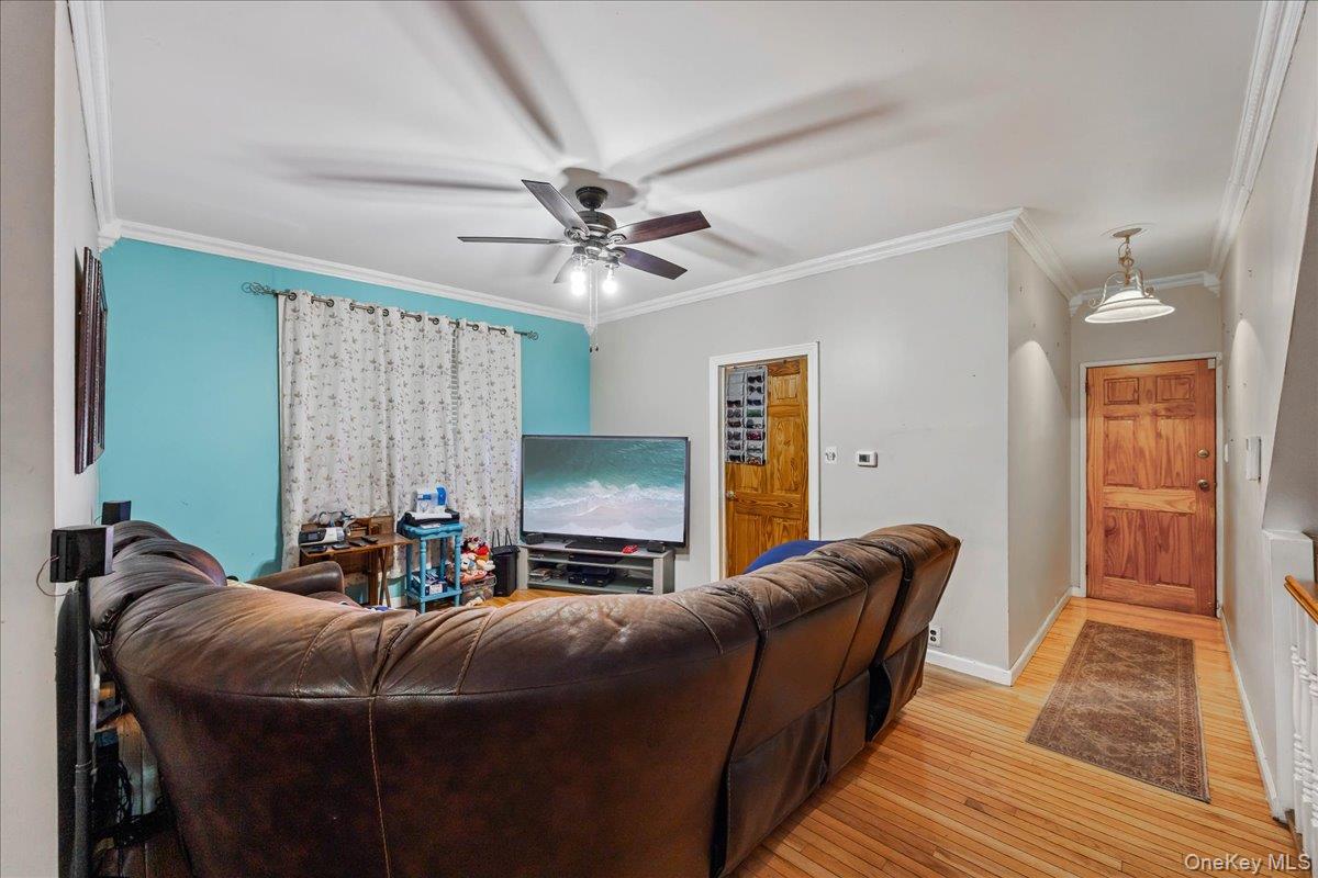 2953 Harding Avenue Bronx, NY 10465 - Photo 4 of 29 Living room with crown molding, light wood finished floors, and ceiling fan