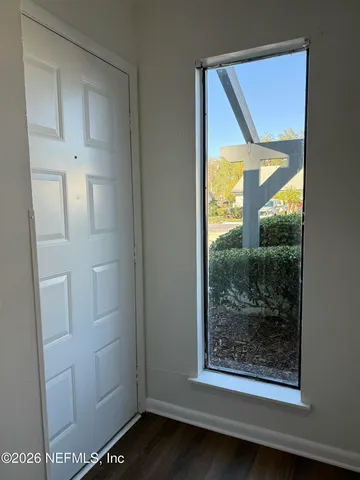 a view of a small space with a window