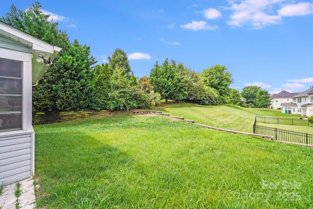 a small yard with some trees in the background