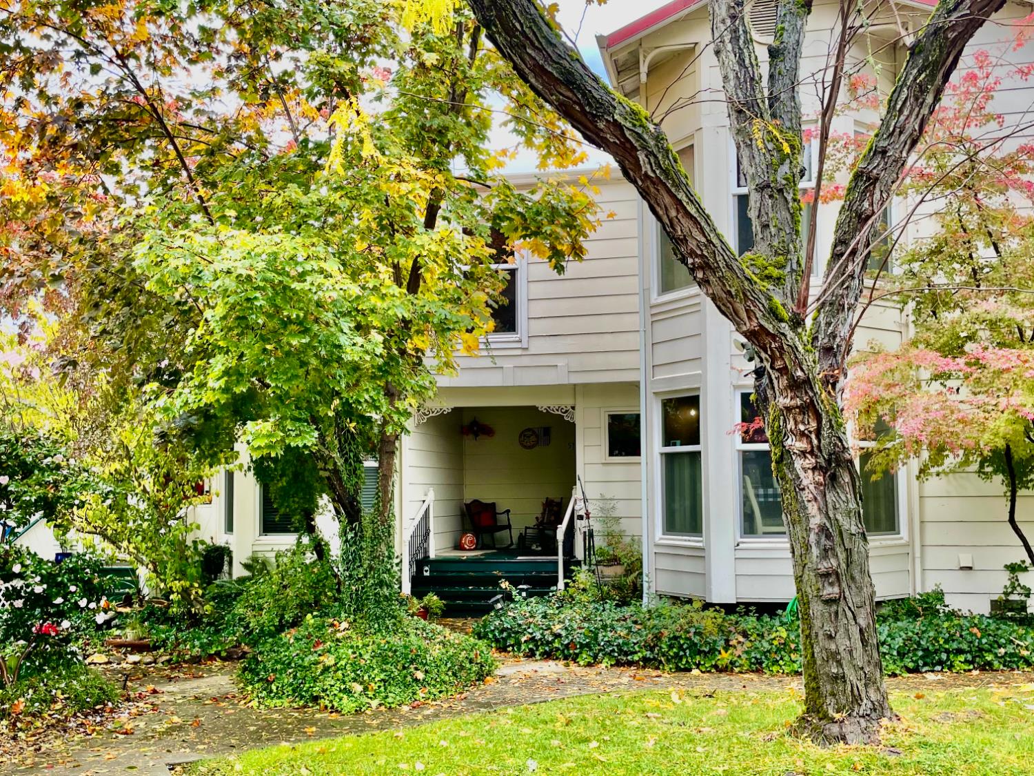 a view of a house with brick walls and a tree