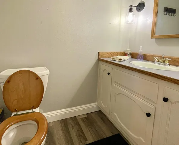 a bathroom with a toilet a sink and mirror