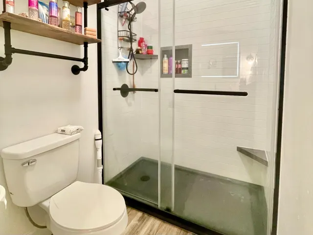 a bathroom with a toilet and a shower