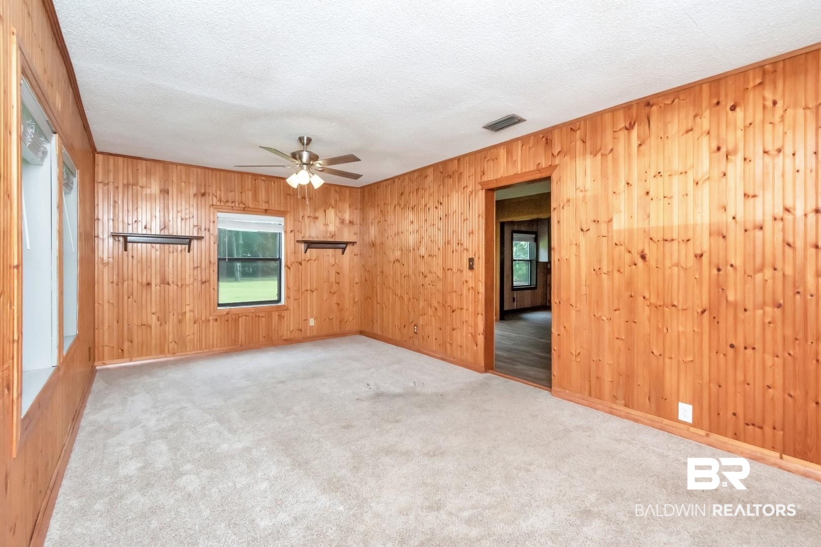 12751 Zanzibar Road Grand Bay, AL 36541 - Photo 4 of 30 Carpeted spare room with wood walls, a textured ceiling, ceiling fan, and plenty of natural light