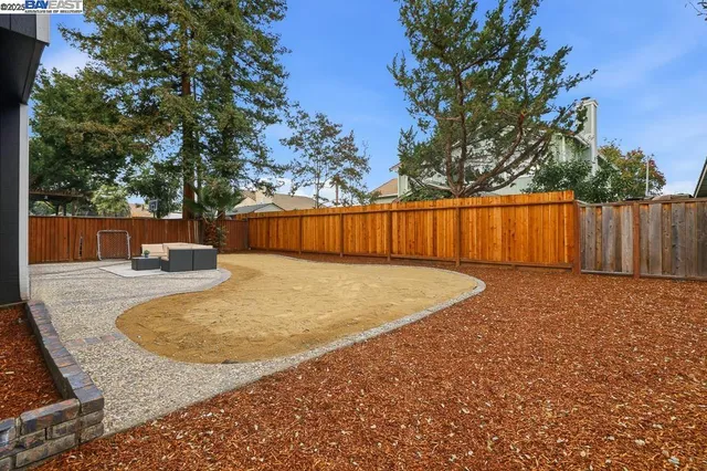 a view of a backyard with large trees