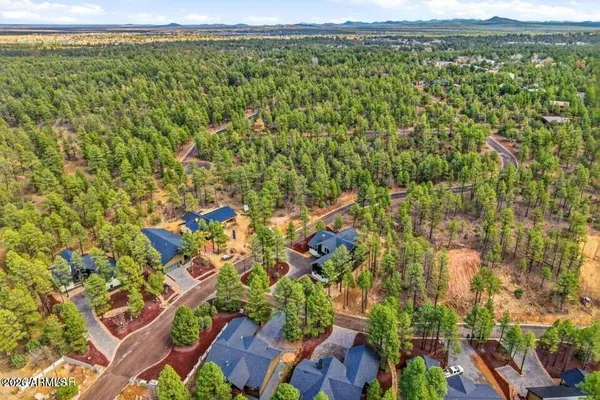 an aerial view of a house with yard and green space
