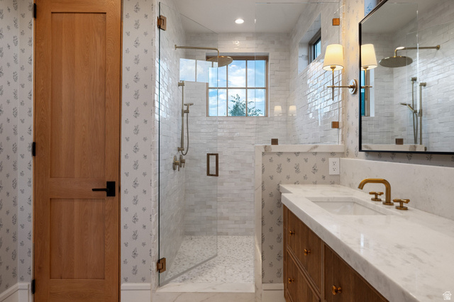 558 West Rheinfalls Circle Midway, UT 84049 - Photo 21 of 61 Glass-enclosed shower with subway tile, window, and rain showerhead